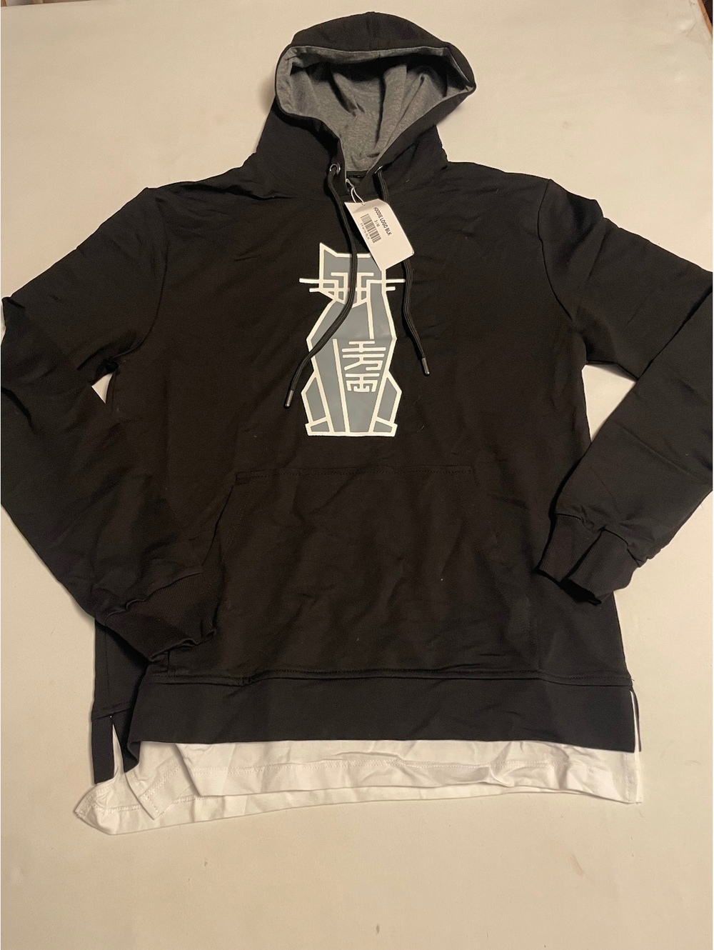 Renato World Black Hoodie with Logo and Layered Hem, Size M